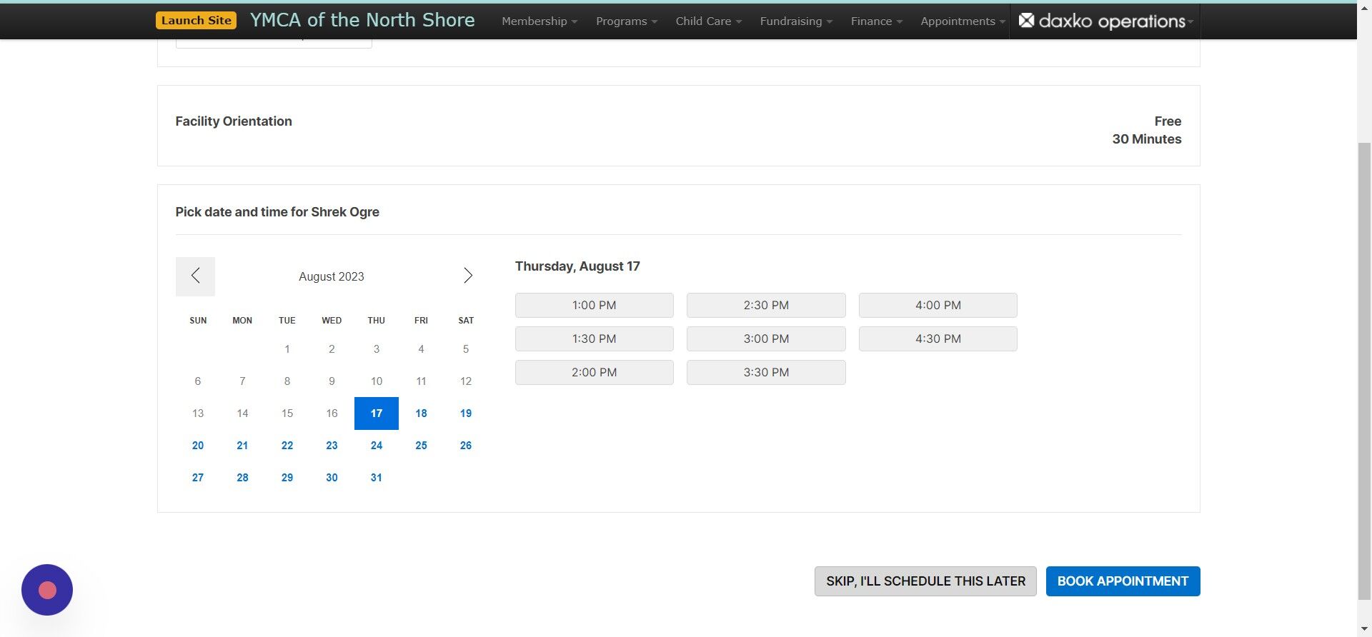 Screenshot of: You will have the option to schedule a facility tour for them but we are going to skip booking an appointment for a tour for now