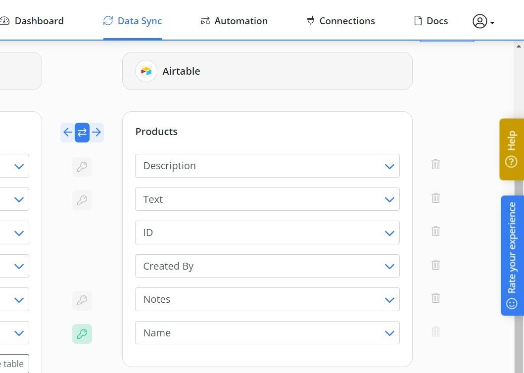 Screenshot of: Delete any fields that you don't want to sync. If the field you want to sync is not displayed, add it using "Add field" button.