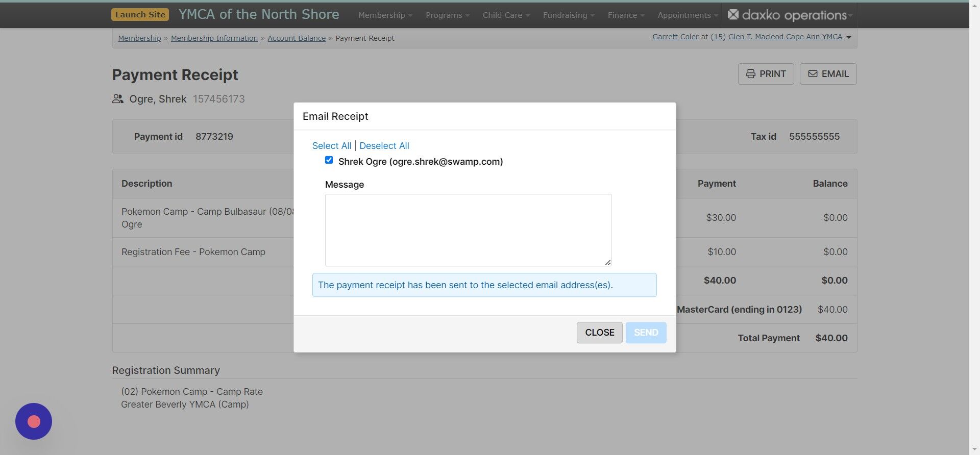 Screenshot of: Click close to end the process and navigate back to the membership information page.