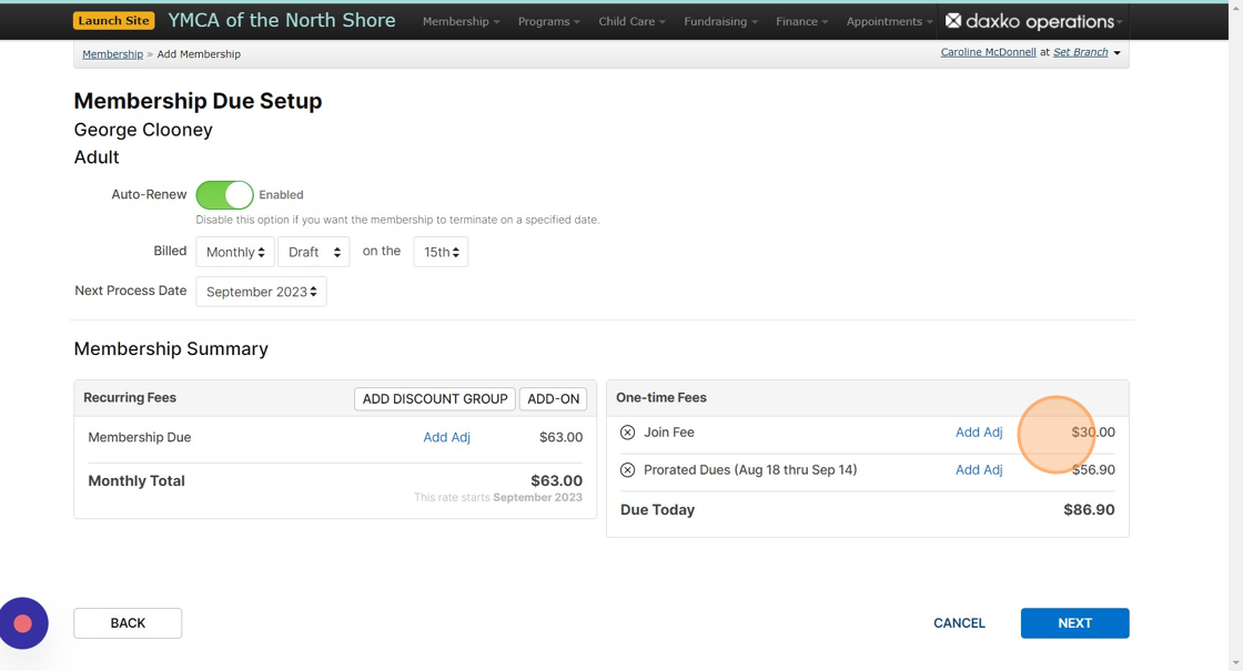 Screenshot of: Visually confirm that the joiner fee, prorated dues, and amount due today are correct. 