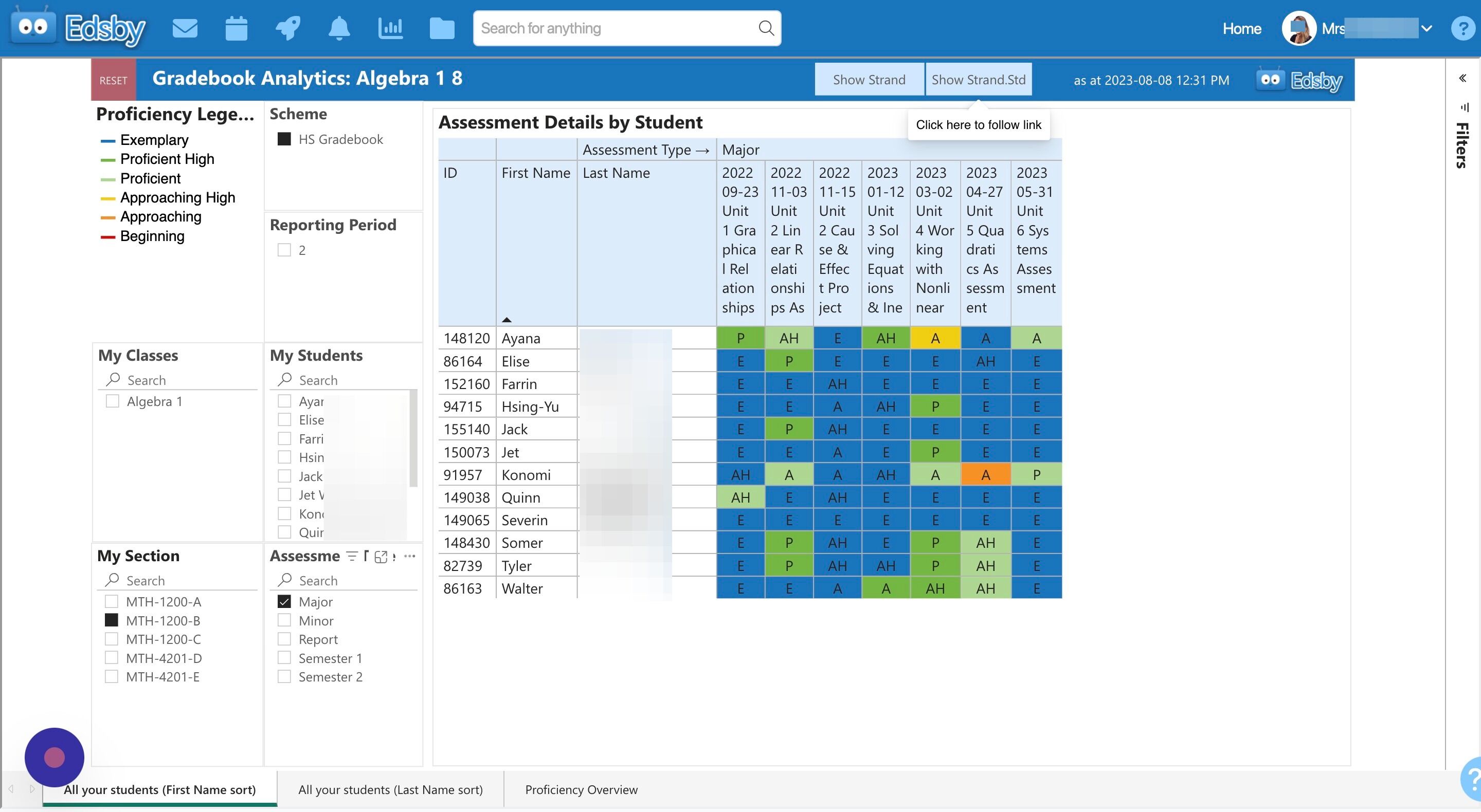 Screenshot of: Click Show Strand.Std in order to expand the Strands for each assessment
