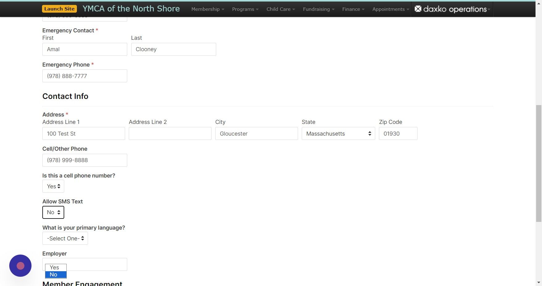 Screenshot of: Encourage the member to accept SMS Text messages - this allows us to send their scan tag barcode straight to their phone and send other messages like urgent weather updates or class cancellations. Enter the member's employer if they're joining as a corporate member or if they think their employer may be interested in corporate membership in the future.