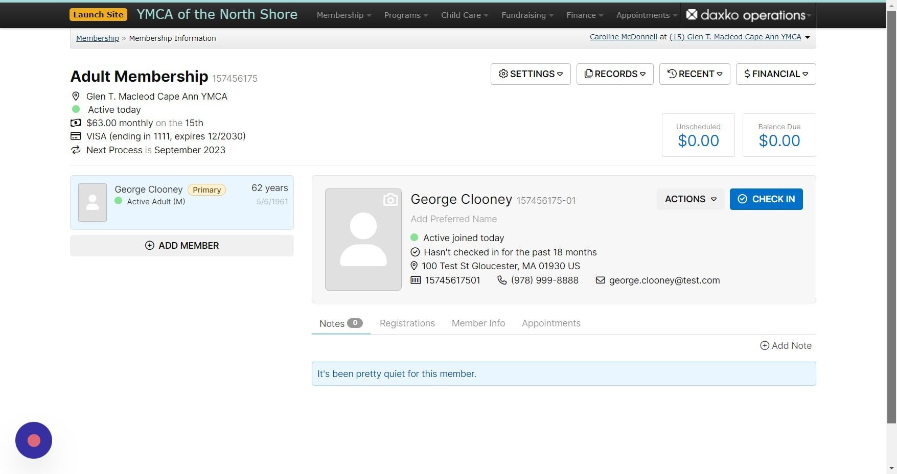 Screenshot of: Notice that there are no unscheduled payments or balance due sitting on George's account because we already took his payment today. 