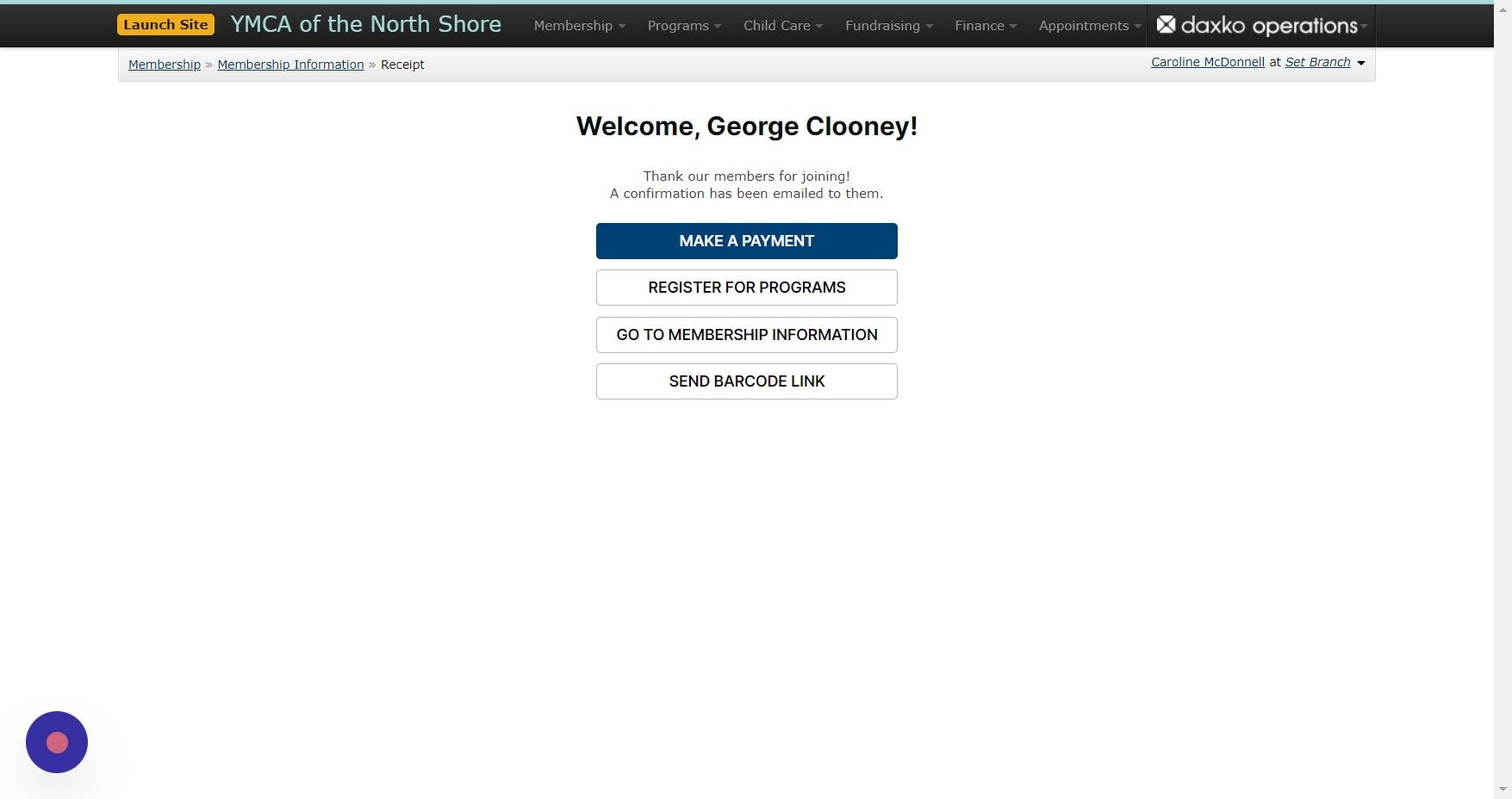 Screenshot of: At this point, George has been added as a membership unit, but he hasn't paid. The reason for this step is that George may want to register for a program as well and have it all go into this same receipt (see 