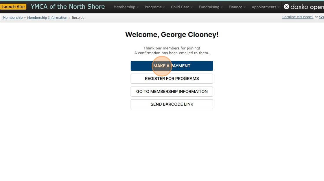 Screenshot of: At this point, George has been added as a membership unit, but he hasn't paid. The reason for this step is that George may want to register for a program as well and have it all go into this same receipt (see 
