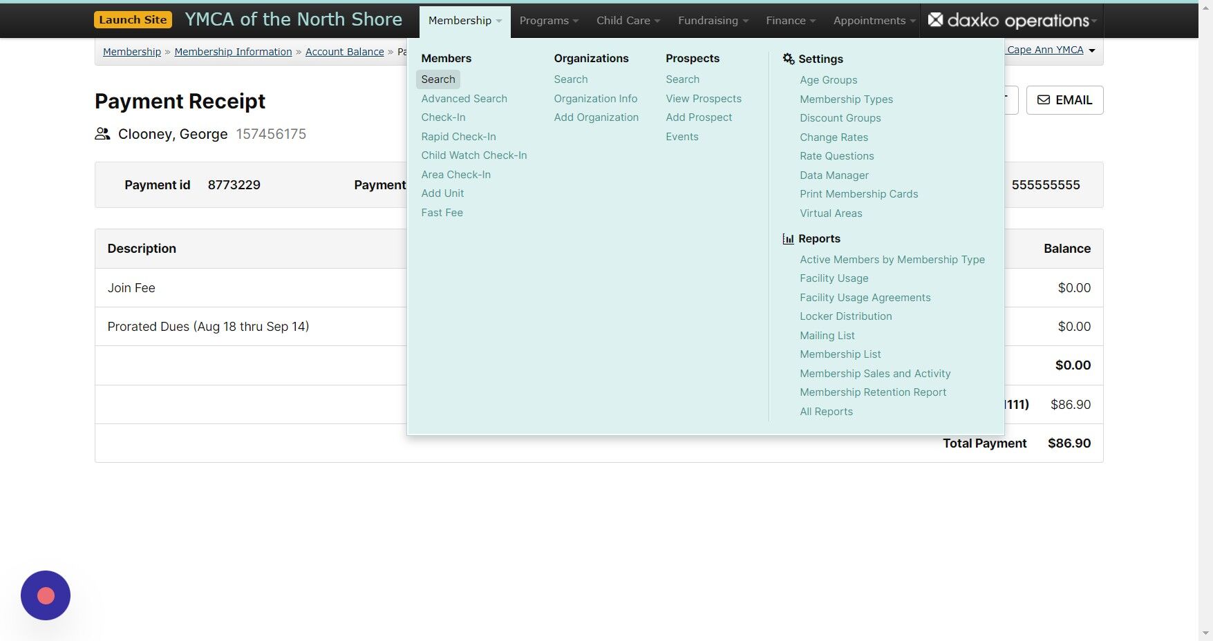 Screenshot of: Now let's view George's unit and set up his barcode and photo. Click the Membership drop-down and go back to search.