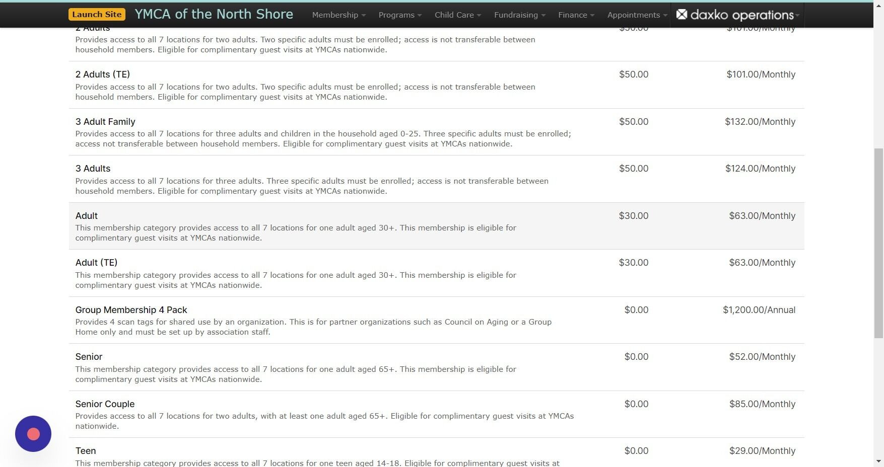 Screenshot of: Click on the preferred membership type.