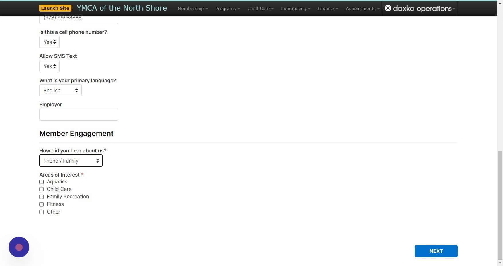 Screenshot of: Ask the member what they're most interested in - this will allow us to send them the most relevant information during their first few weeks of membership. Click 