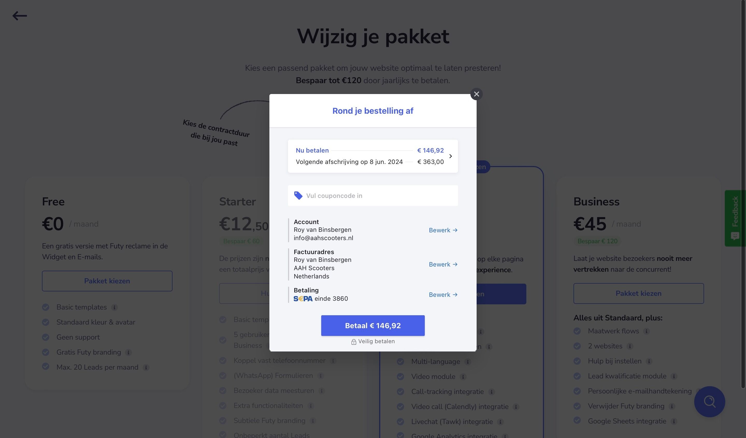 Screenshot of: Press "Pay €146.92"