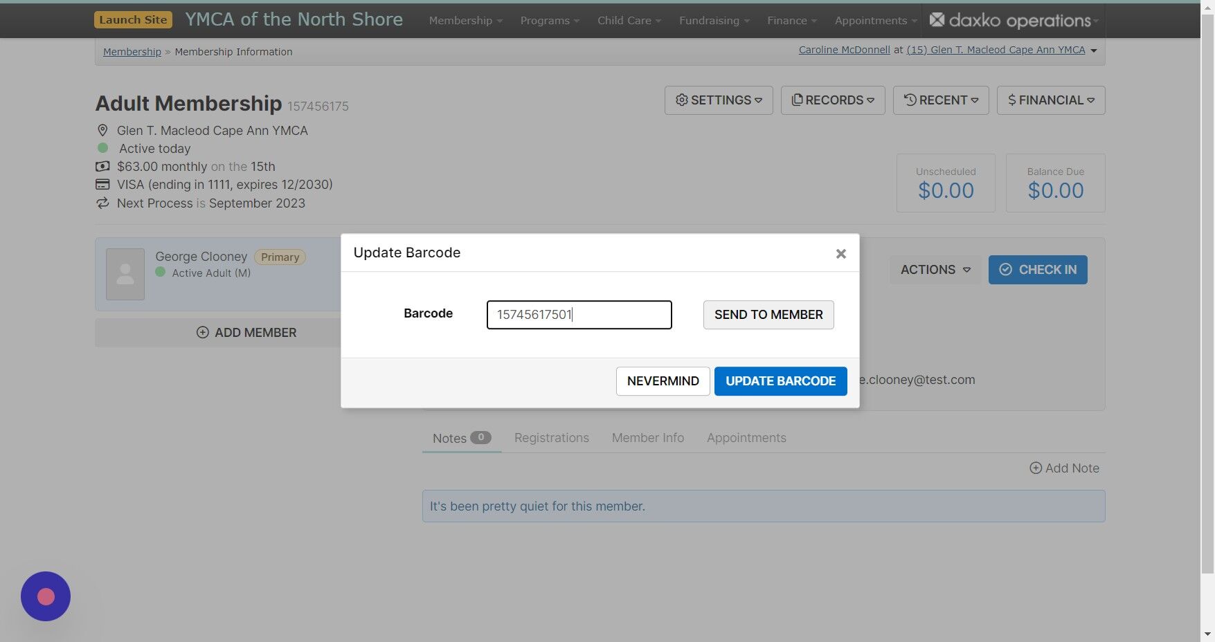 Screenshot of: To update the barcode, type or scan the new code into the field. To share the barcode directly to the member's phone, click 