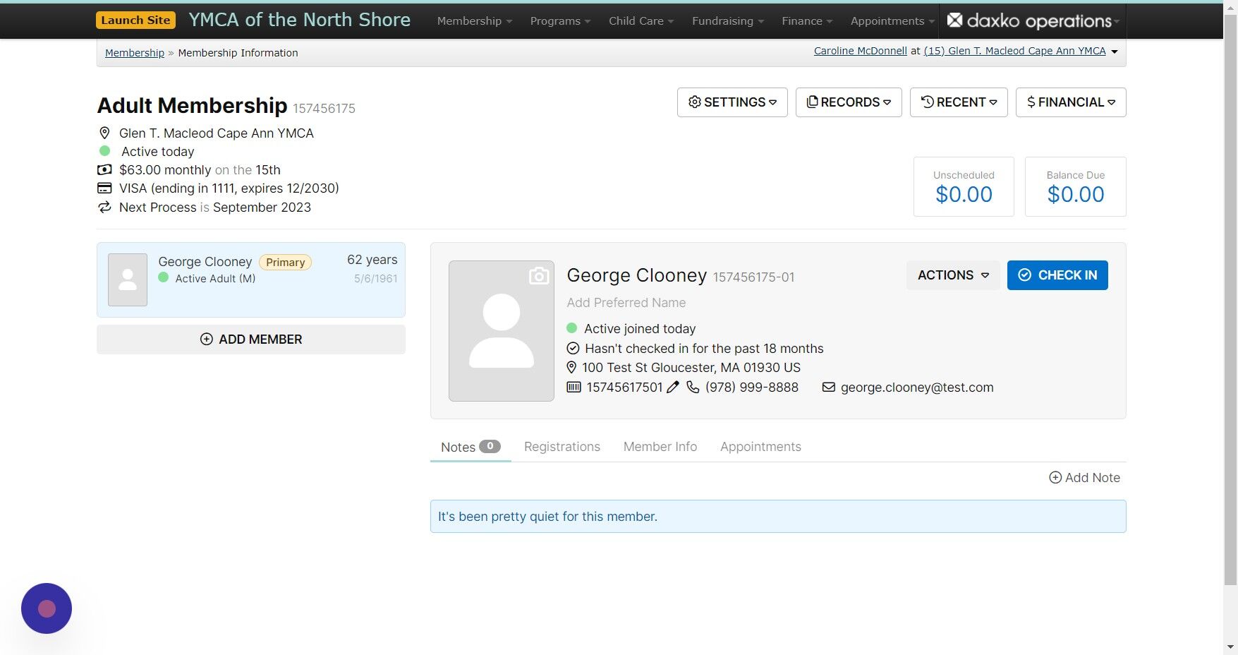 Screenshot of: Notice the auto-generated barcode, which matches George's unit ID with -01 added to the end, as he's the first person on this membership unit. Click the edit pencil to either change the barcode to match a physical scan tag, or to text/email the barcode to George so he can save it to his apple wallet or Y app.