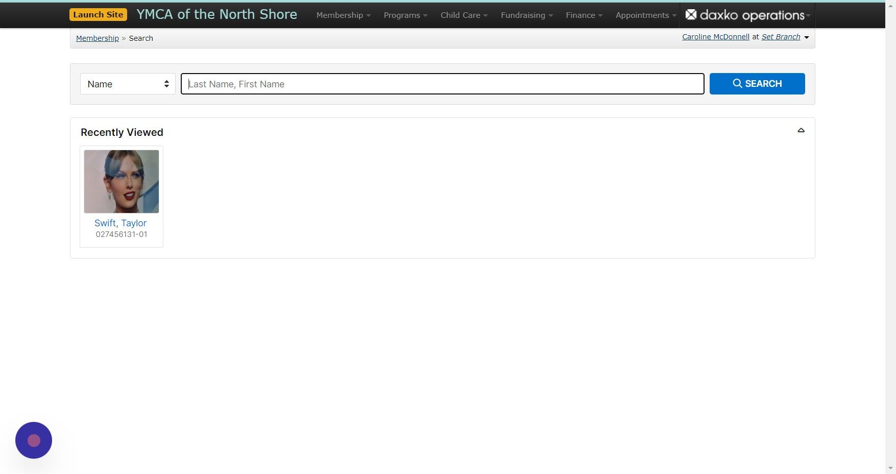 Screenshot of: Search the new member's name to see if they're already in our system (and prevent entering a duplicate account).