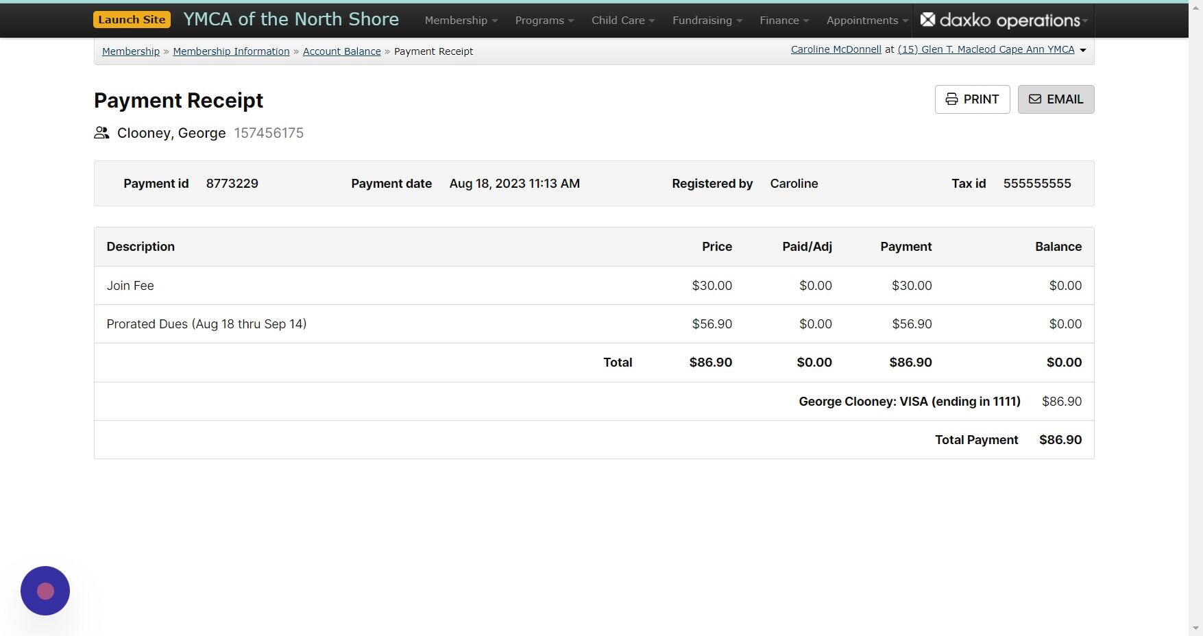 Screenshot of: Print or email the receipt to the member for their records.