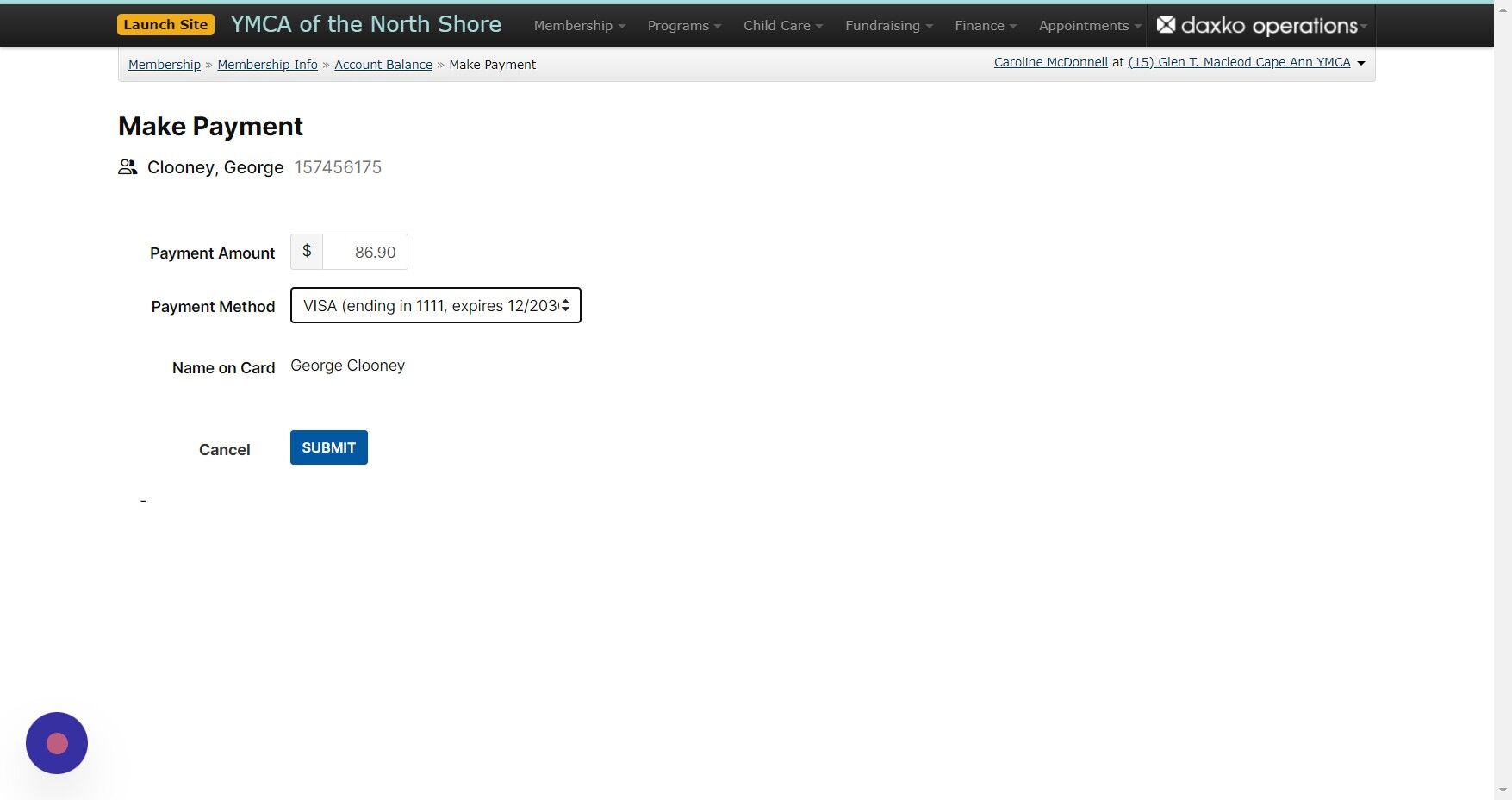 Screenshot of: Select the method for today's payment. Notice that the payment method you saved earlier for the recurring membership dues will show up as an option in the drop-down. Click 