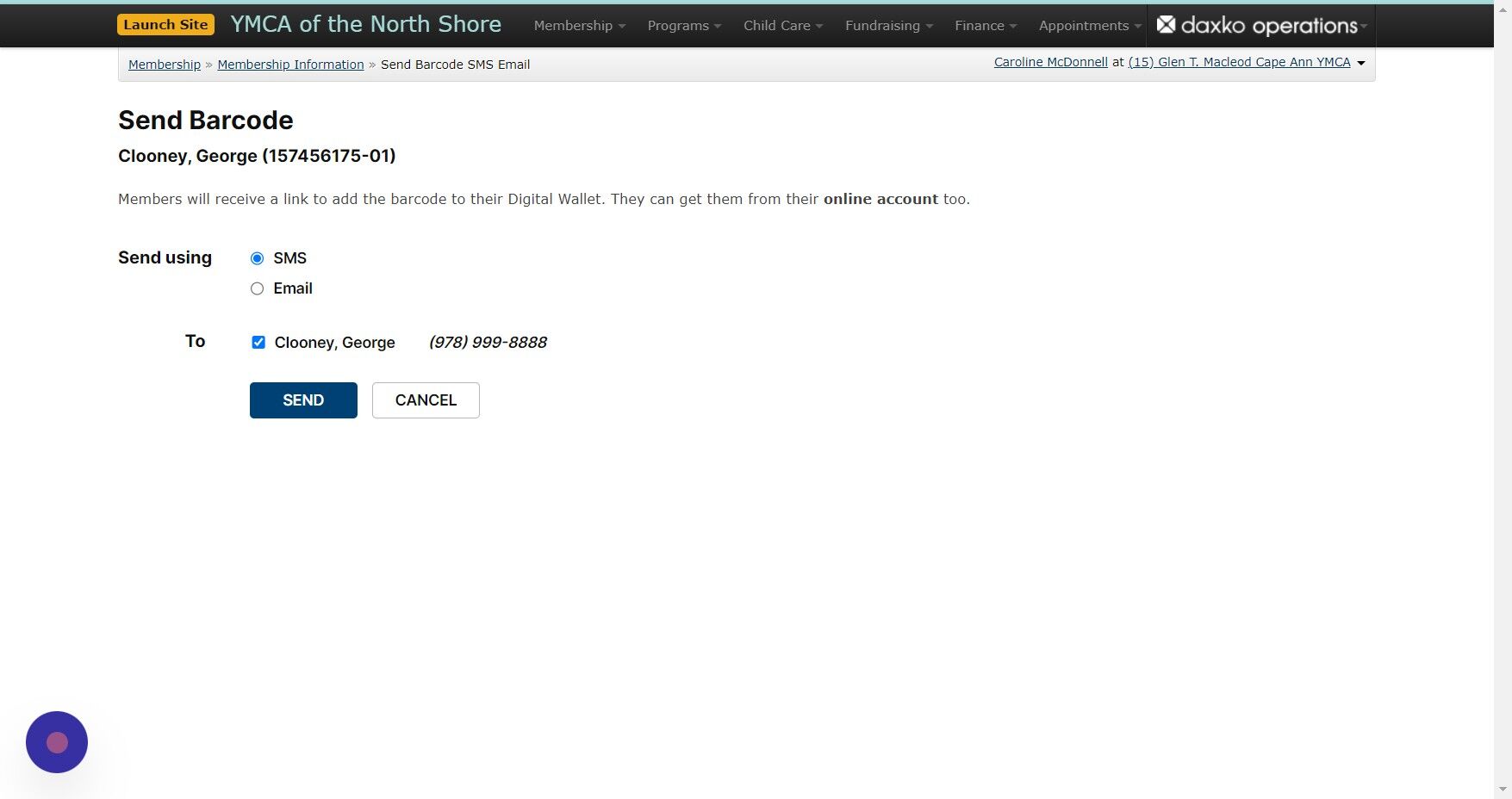 Screenshot of: Chose SMS (text) or Email, and click 