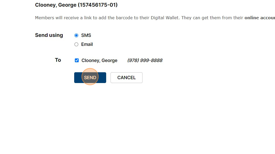 Screenshot of: Chose SMS (text) or Email, and click 