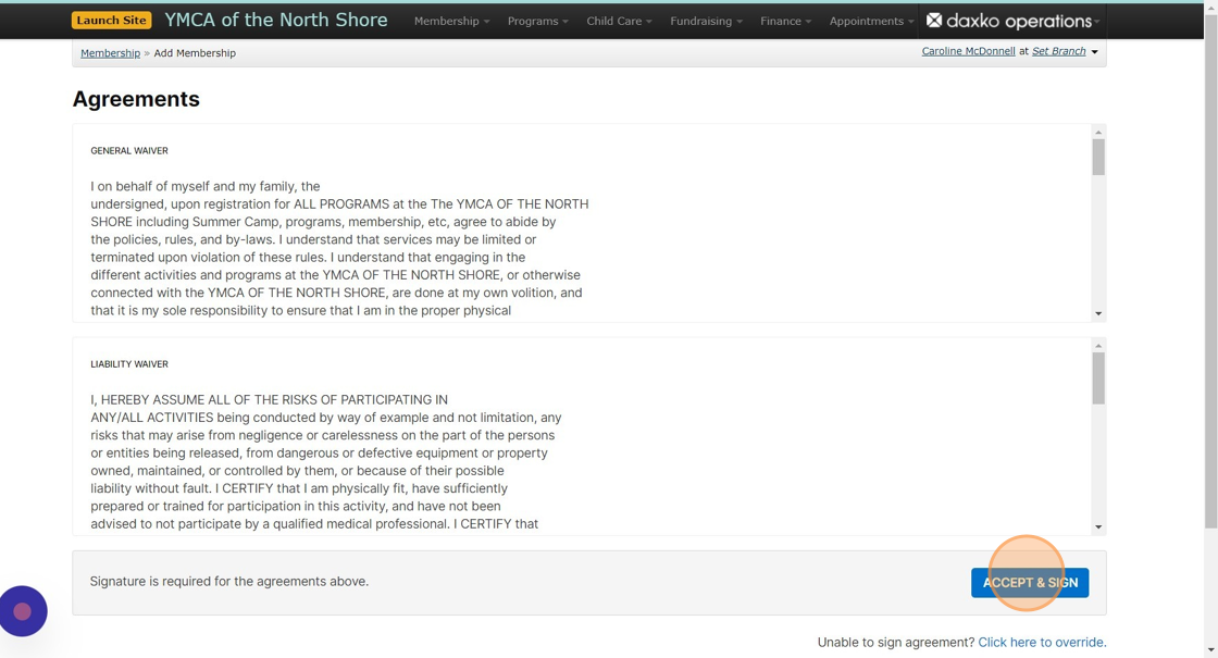 Screenshot of: Review waiver/agreements information with the member, then click 
