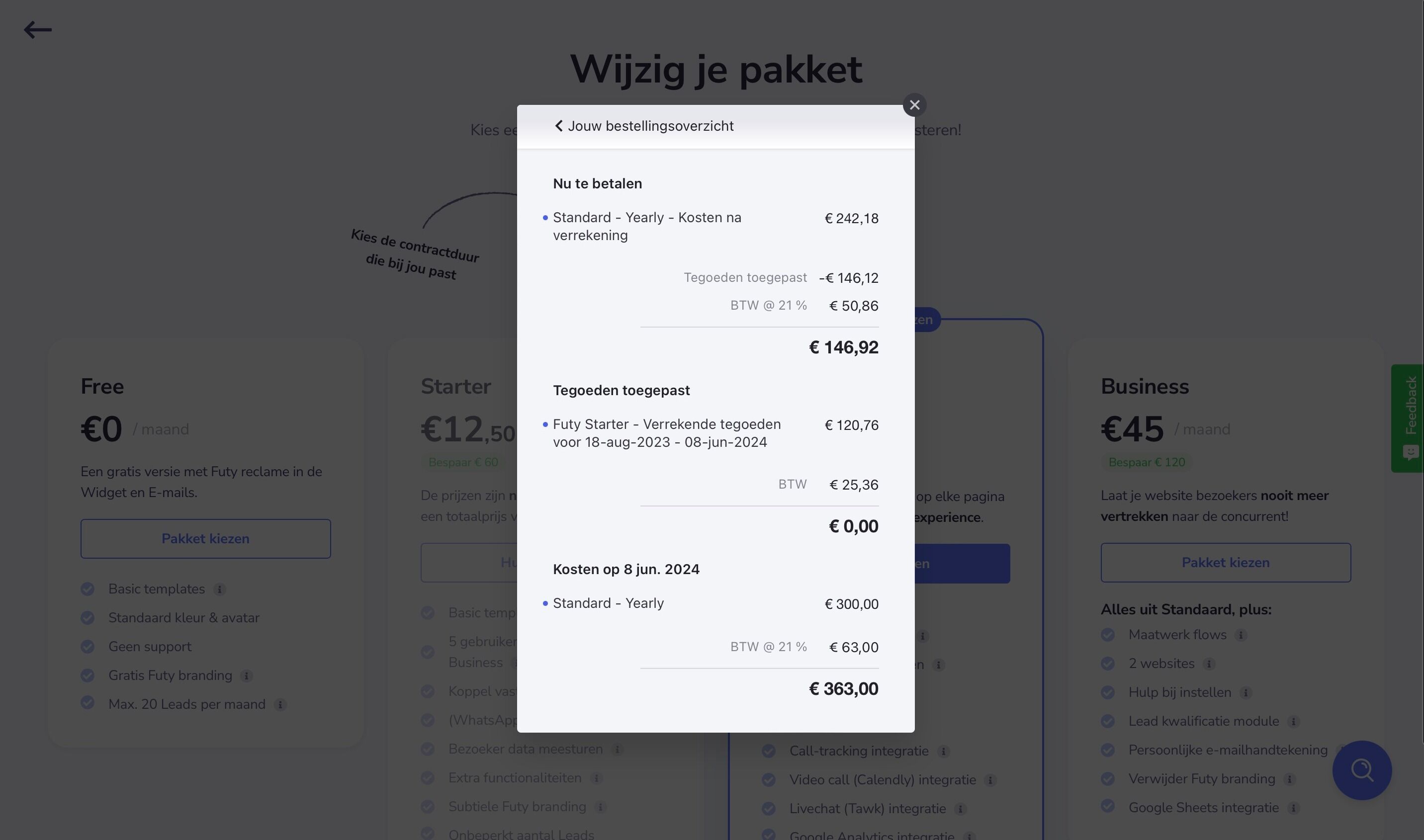 Screenshot of: On June 8, 2023, € 181.50 was paid for the Starter package for one year. 
Now on Aug. 18, 2023, the customer wants to upgrade from Starter to Standard, which costs € 242.18 for the standard package until June 8, 2024. The remaining amount of the Starter package until Aug. 18, 2023 is deducted, which is € 146.12. 
At 'Now to pay' you see € 242,18 - € 146,12 = € 146,92. This is the amount you pay now. As of June 8, 2024, you will then pay € 363.00 for the package for one year.