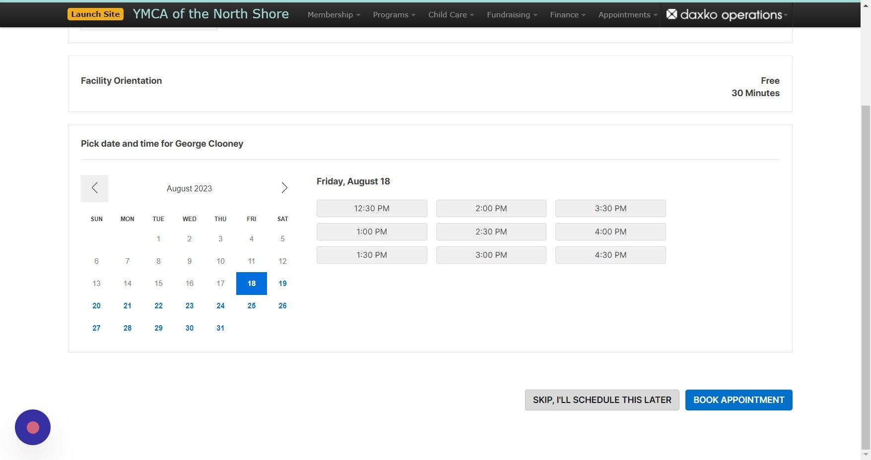 Screenshot of: Depending on set-up at the time of your training, you may or may not encounter an opportunity to schedule an orientation.  If it's available, please offer! This is a great way to get a new member connected. For now, we'll choose 