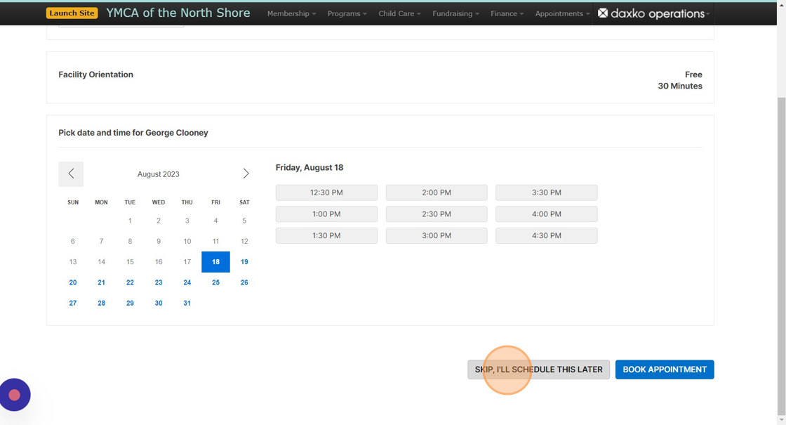 Screenshot of: Depending on set-up at the time of your training, you may or may not encounter an opportunity to schedule an orientation.  If it's available, please offer! This is a great way to get a new member connected. For now, we'll choose 