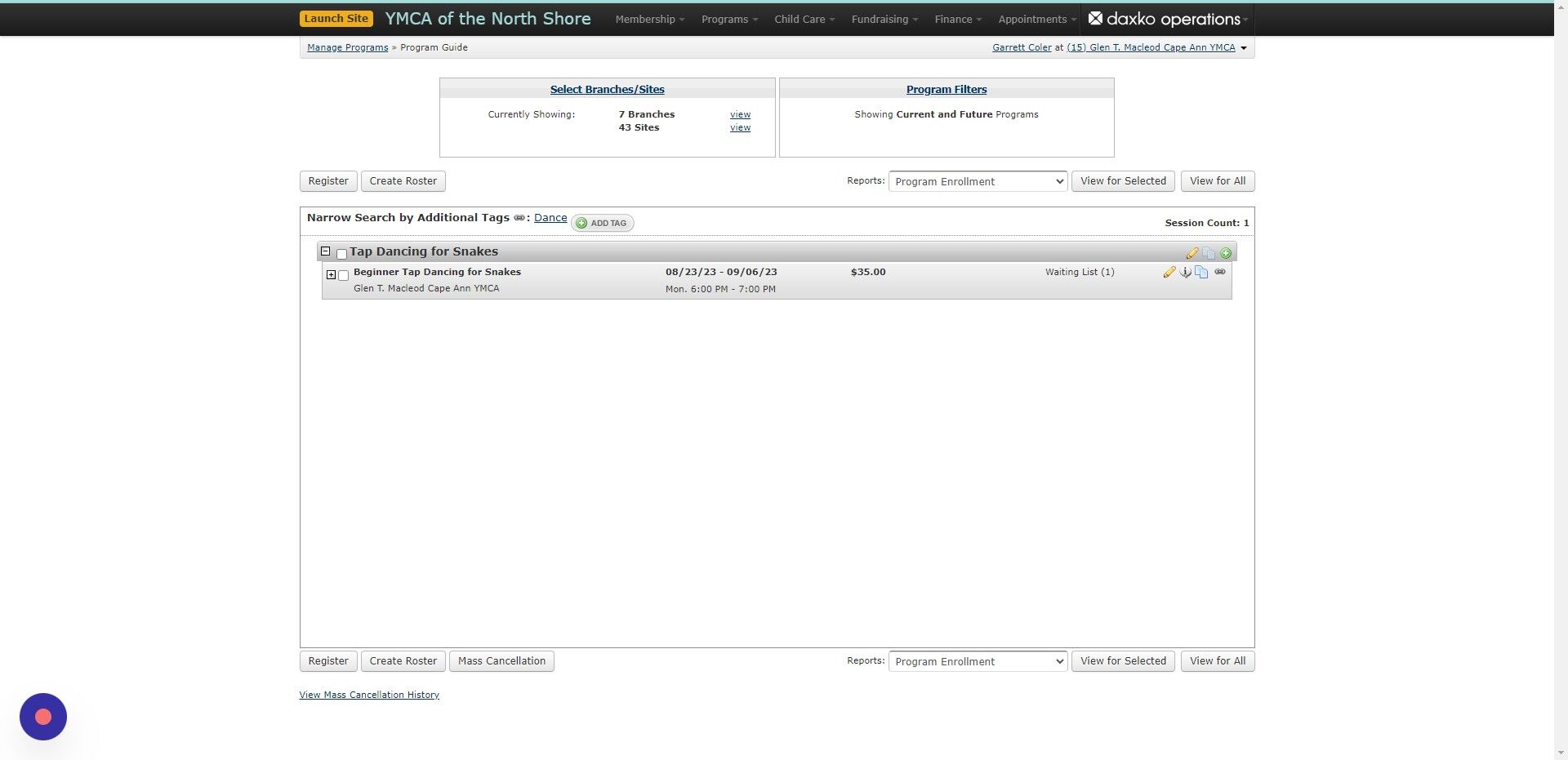 Screenshot of: Click on the program session you want by selecting the check box