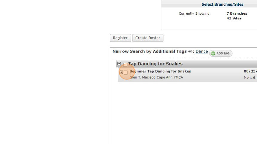 Screenshot of: Click on the program session you want by selecting the check box
