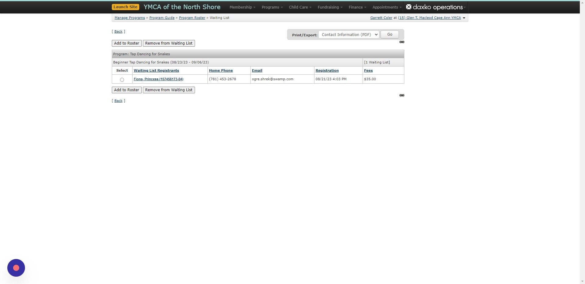 Screenshot of: Select who you wish to bring over from the waitlist to the roster