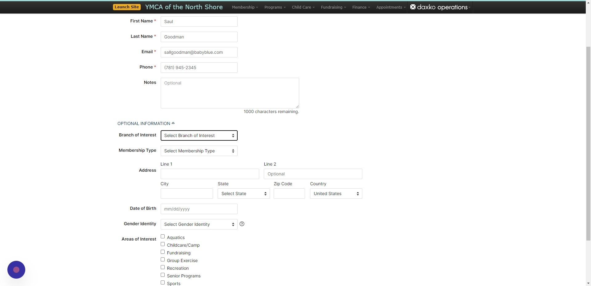 Screenshot of: Here you can add their branch of interest, what type of membership they are interested in, address phone, areas of interest etc. 