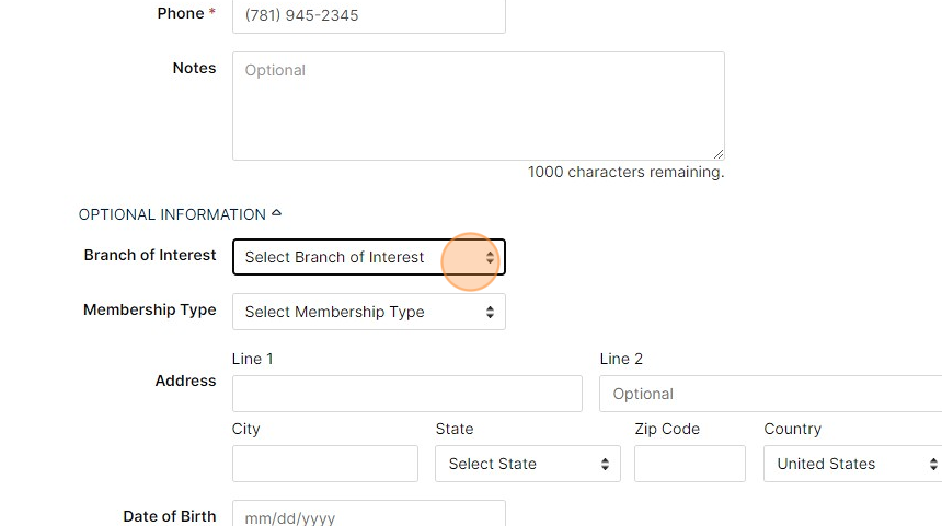 Screenshot of: Here you can add their branch of interest, what type of membership they are interested in, address phone, areas of interest etc. 