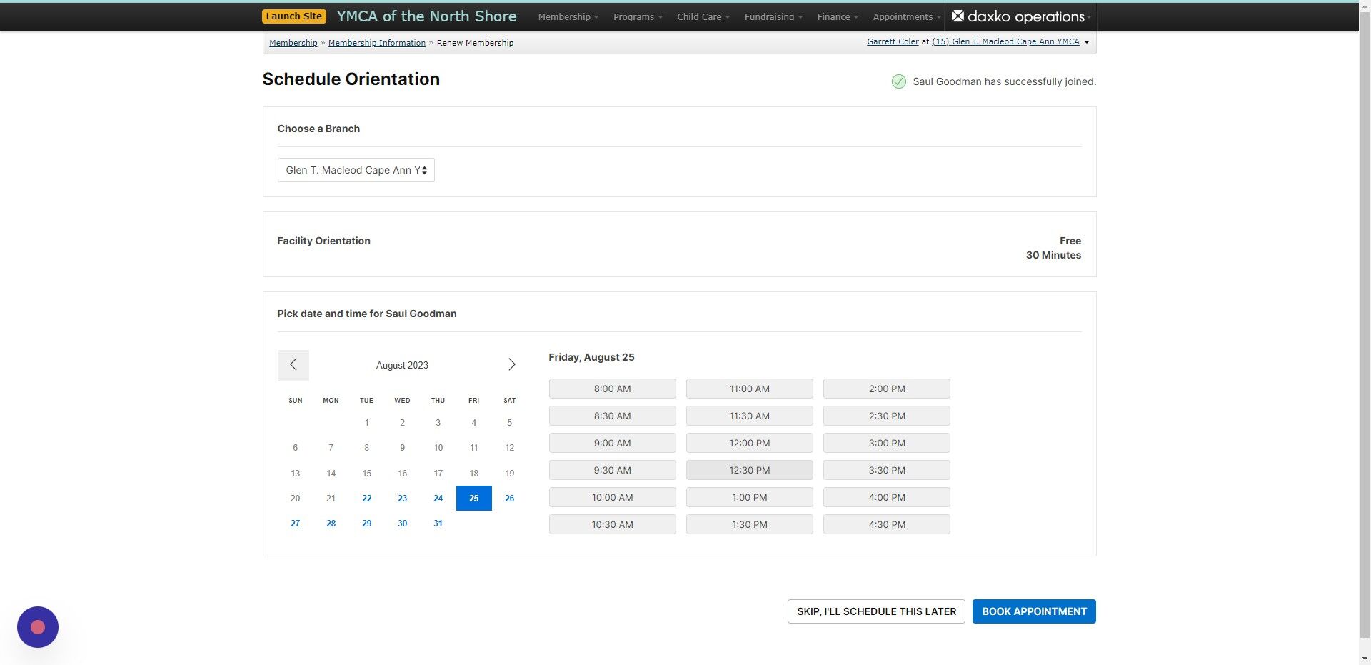 Screenshot of: If the new member has not already had a tour you can schedule one here, if they have you can skip this step.  For this one we will schedule a tour