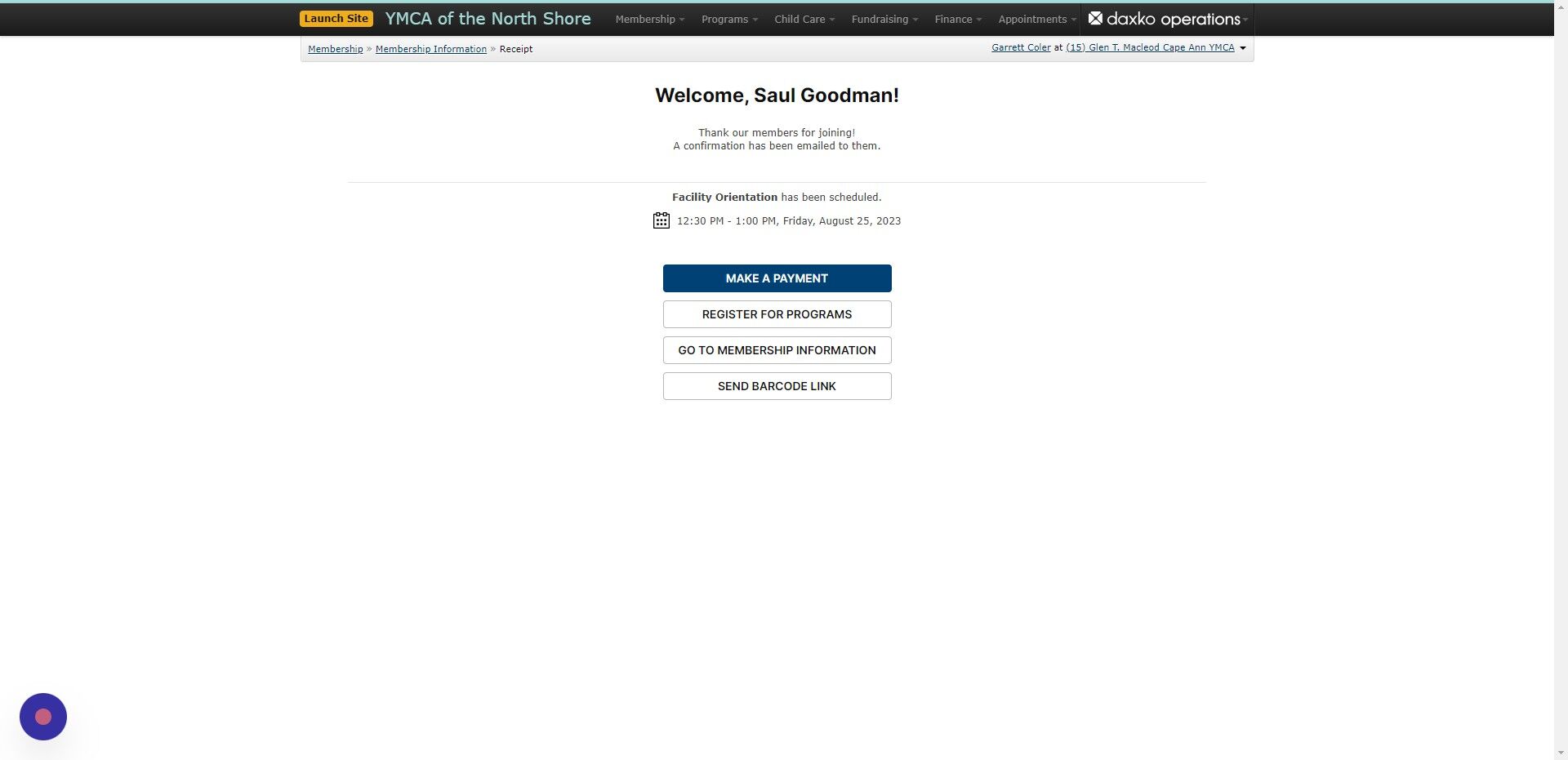 Screenshot of: From this screen you can make a payment or direct yourself back to the membership information page.  We are going to take the payment due today, so select 