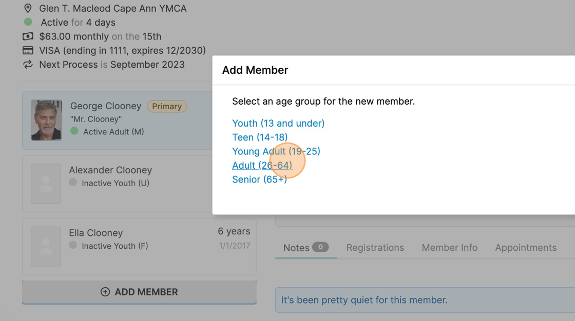 Screenshot of: Select the age group for the new member.