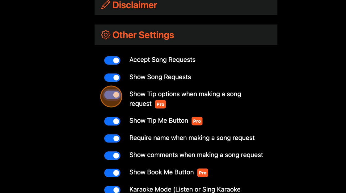 Screenshot of: Click the "Show Tip options when making a song request" field.