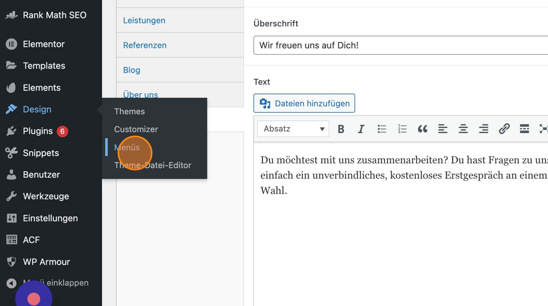 Screenshot of: Bei "Designs" und dann "Menüs" kannst Du die Benennung der einzelnen Menüpunkte bearbeiten.