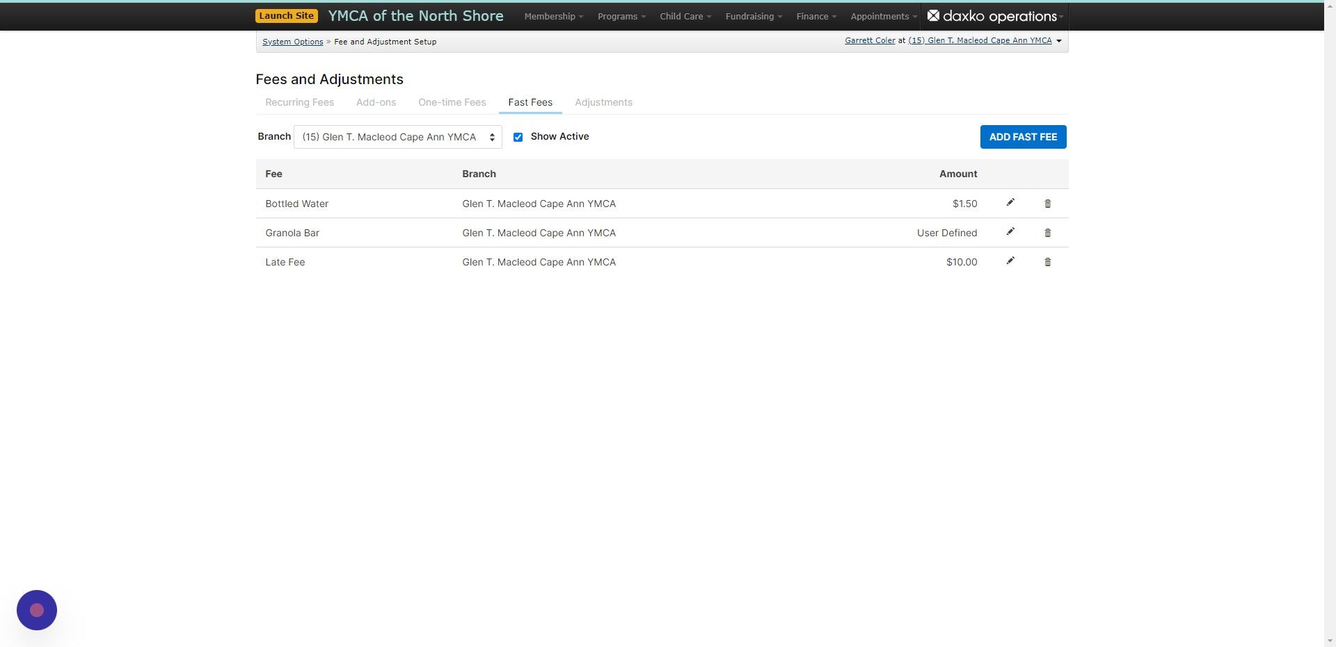 Screenshot of: Select the YMCA location for the added fast fee