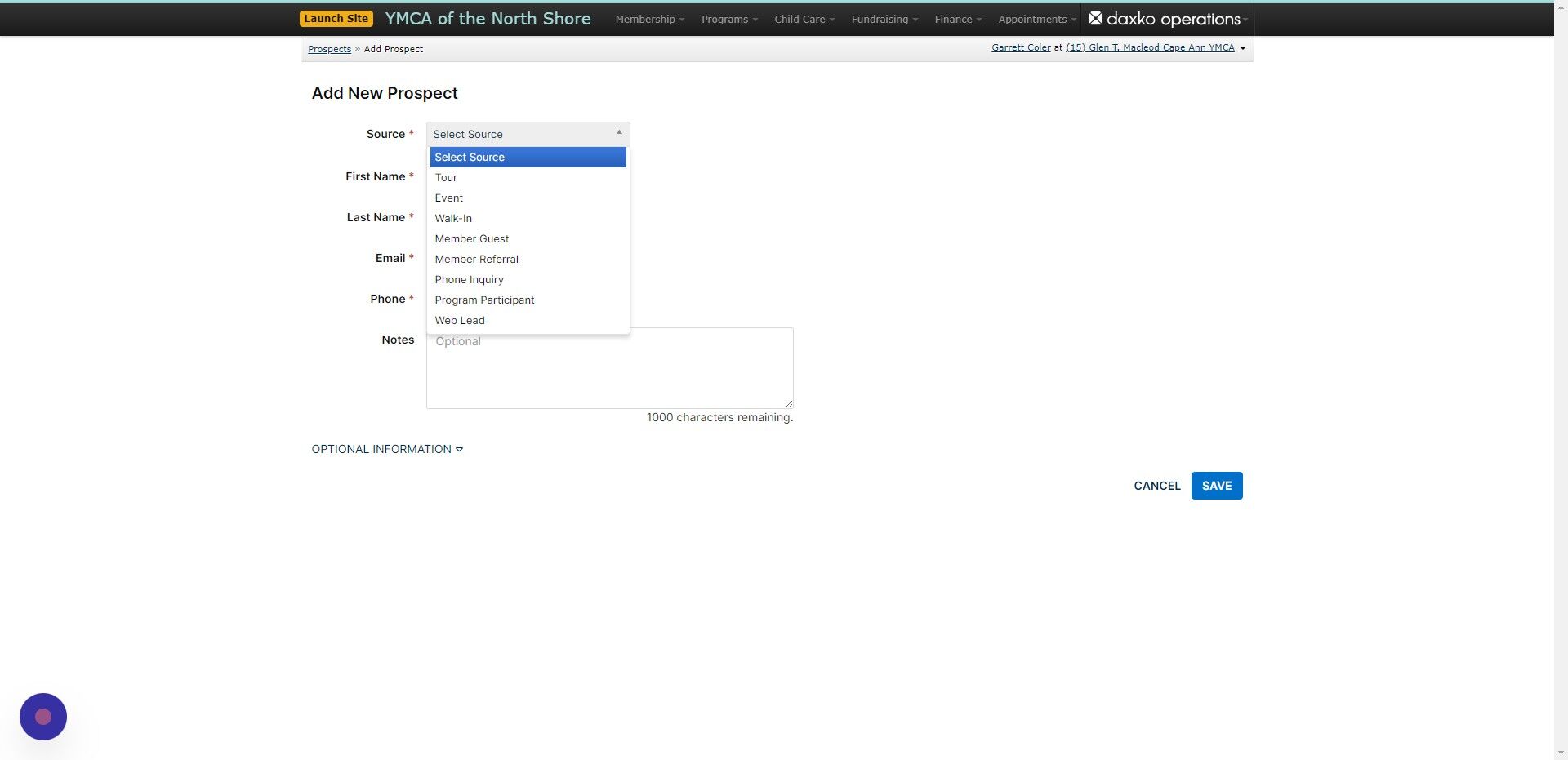 Screenshot of: Select the source type, for today we are selecting tour as this walk in got a tour with Ben!