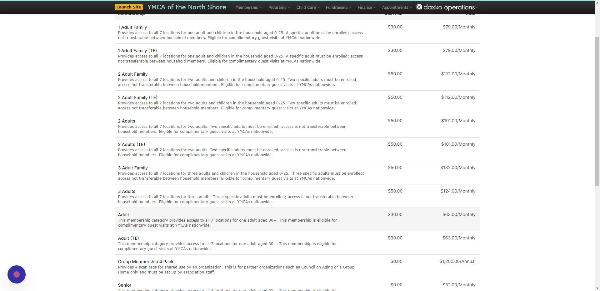 Screenshot of: Choose the membership package they would like to sign up for