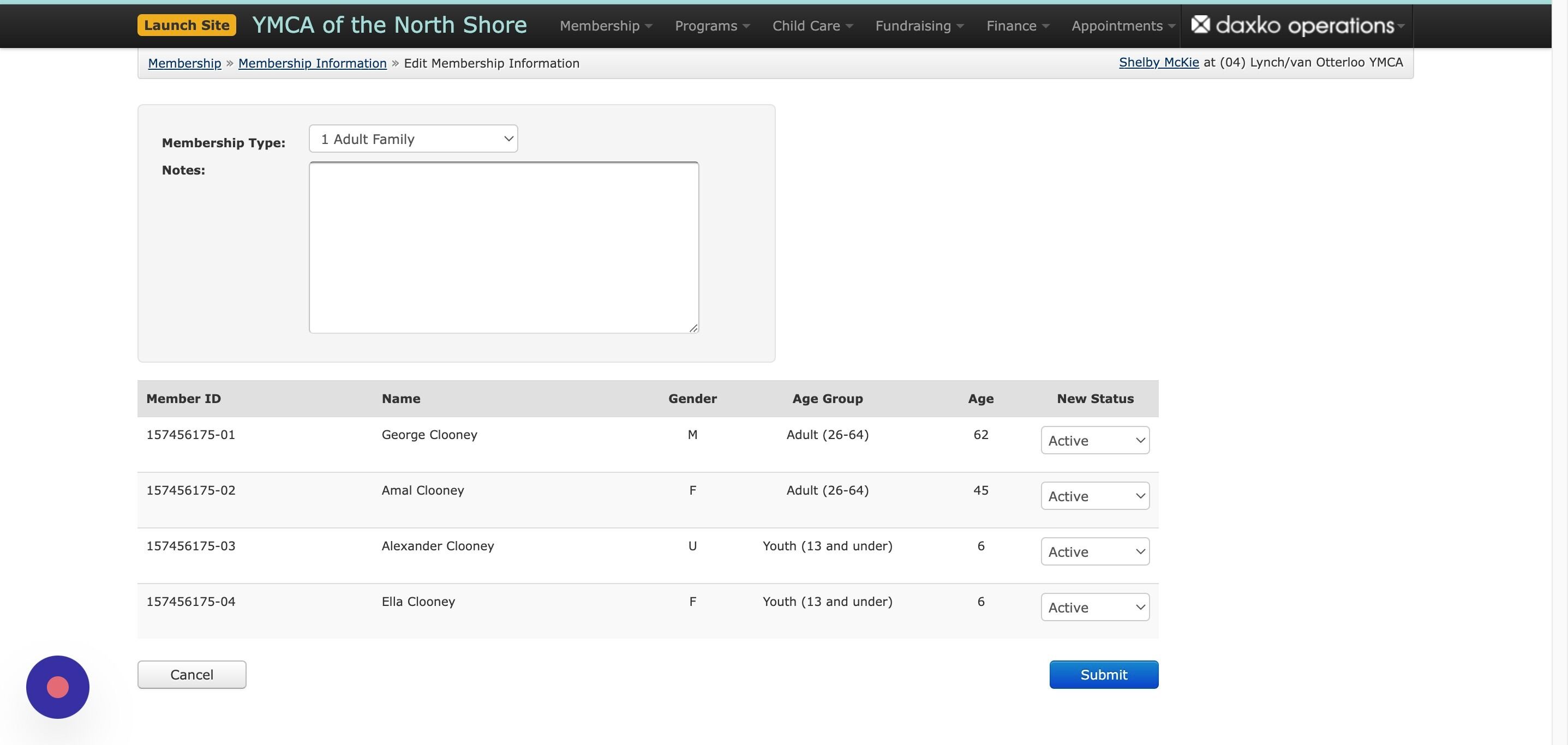 Screenshot of: For any members being removed from the package, set their New Status to 