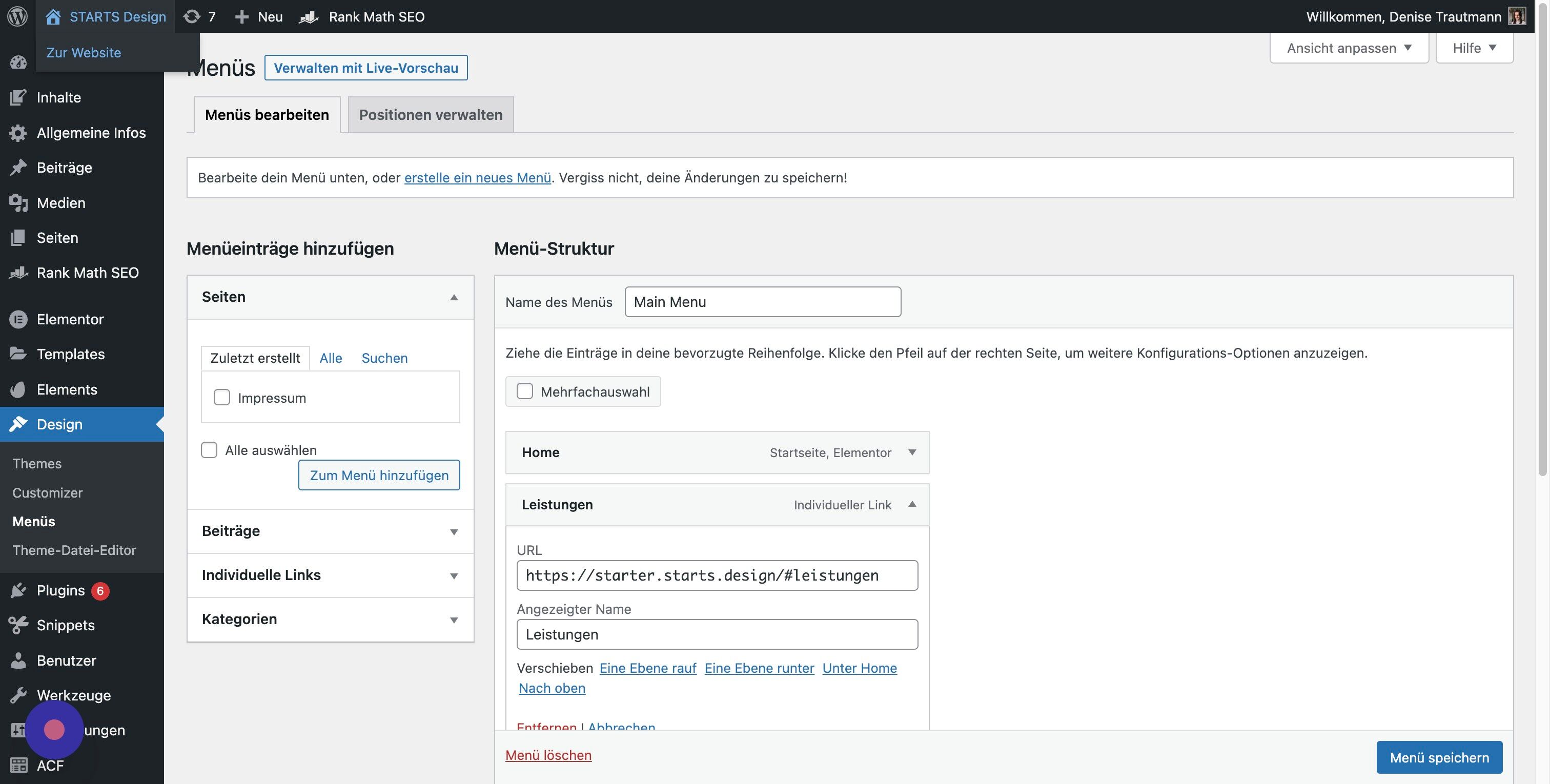 Screenshot of: Oben über das Haus und "Zur Website" gelangst Du immer zur Frontend-Ansicht Deiner Webseite.