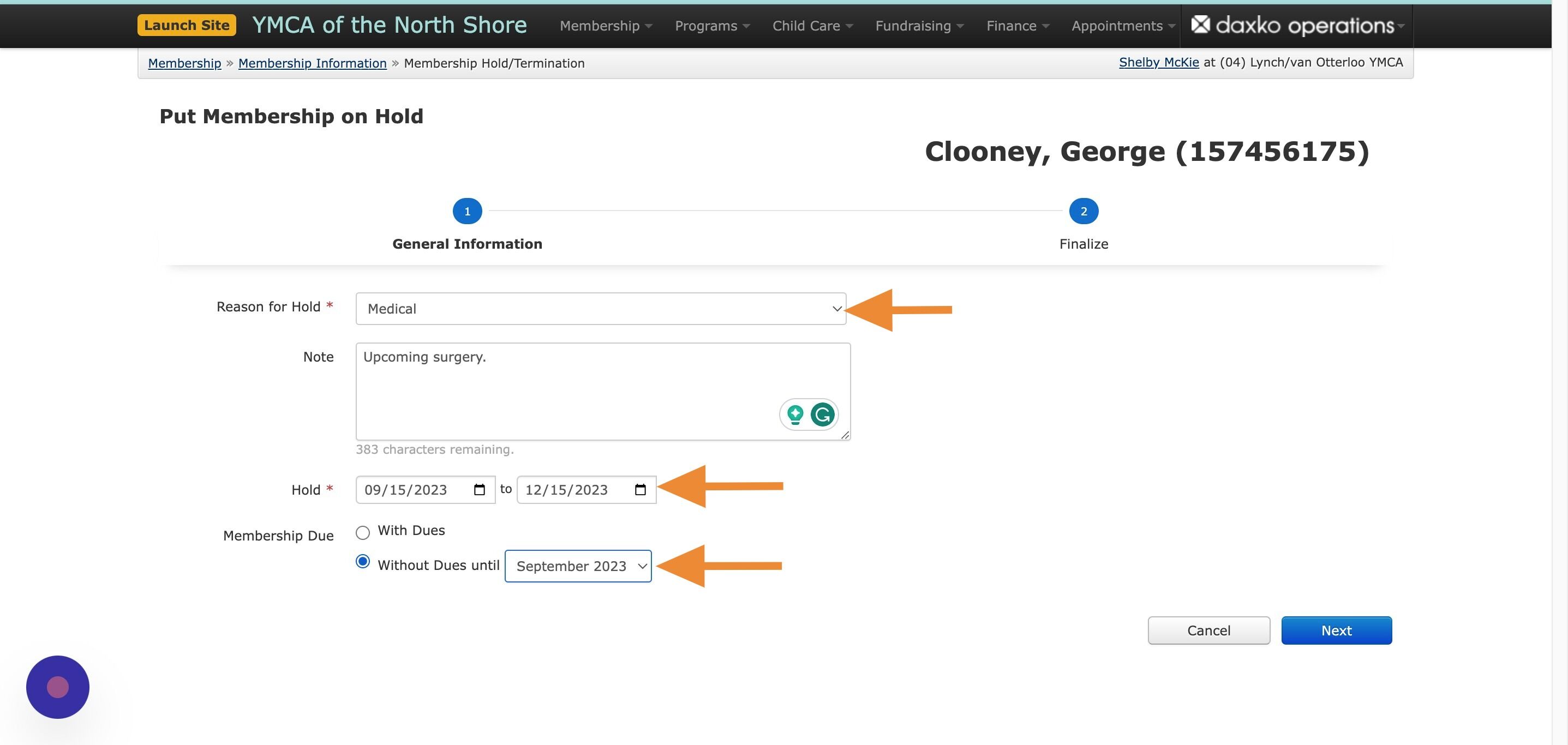 Screenshot of: Enter the reason for the hold, any notes, and the hold duration (should fall on the member's draft date). Click on the Without Dues until option and select the date that the membership should reactivate and begin generating fees again. Click 