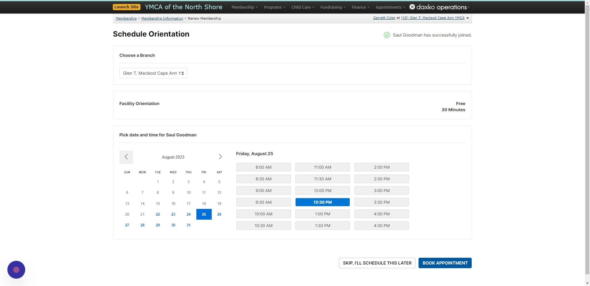 Screenshot of: Once you have confirmed the date and time select 