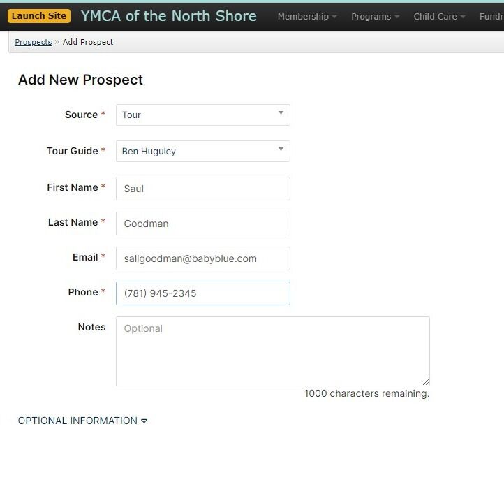 Screenshot of: Fill in all prospect information and select 