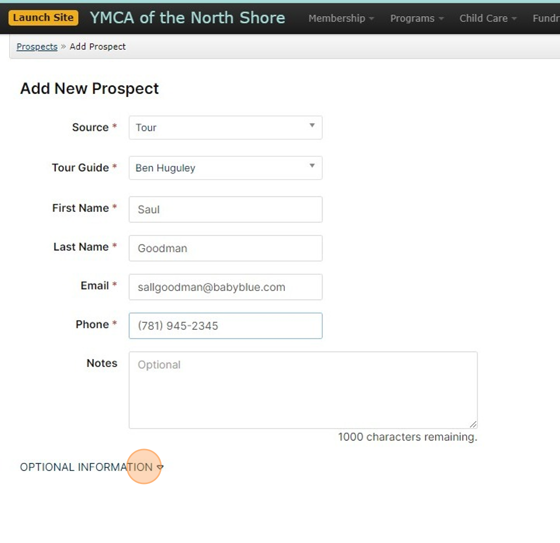 Screenshot of: Fill in all prospect information and select 