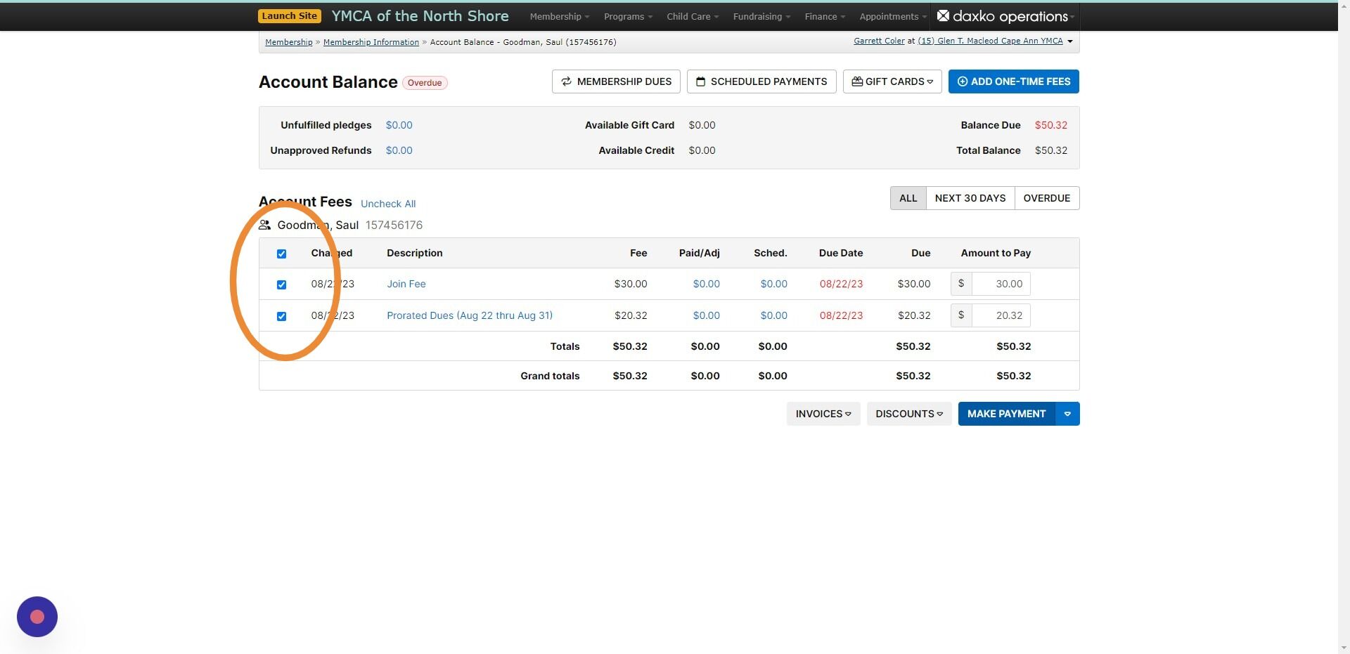Screenshot of: Check the blue boxes on the left of the payments you wish to take today and when ready click the 