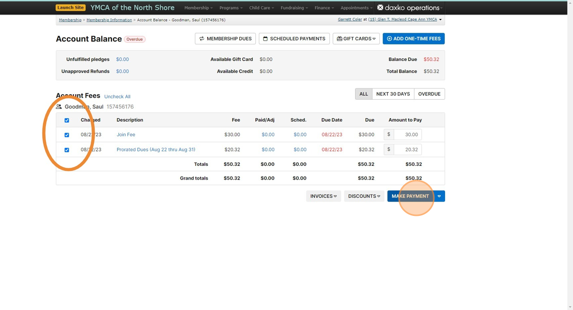 Screenshot of: Check the blue boxes on the left of the payments you wish to take today and when ready click the 