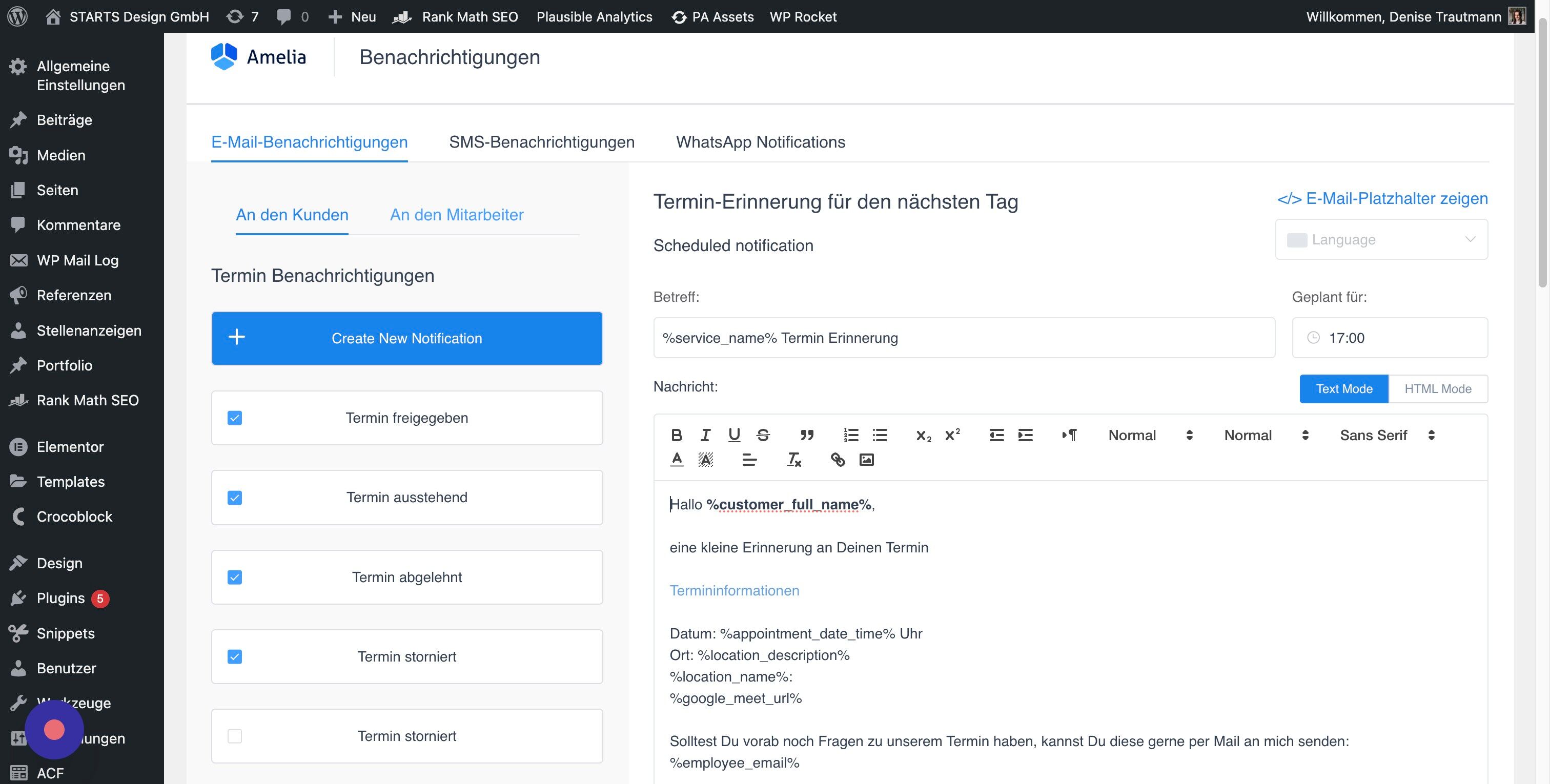 Screenshot of: Neben den Benachrichtigungen an den Kunden kannst Du auch die Infos an Dich anpassen über den Reiter "An den Mitarbeiter".