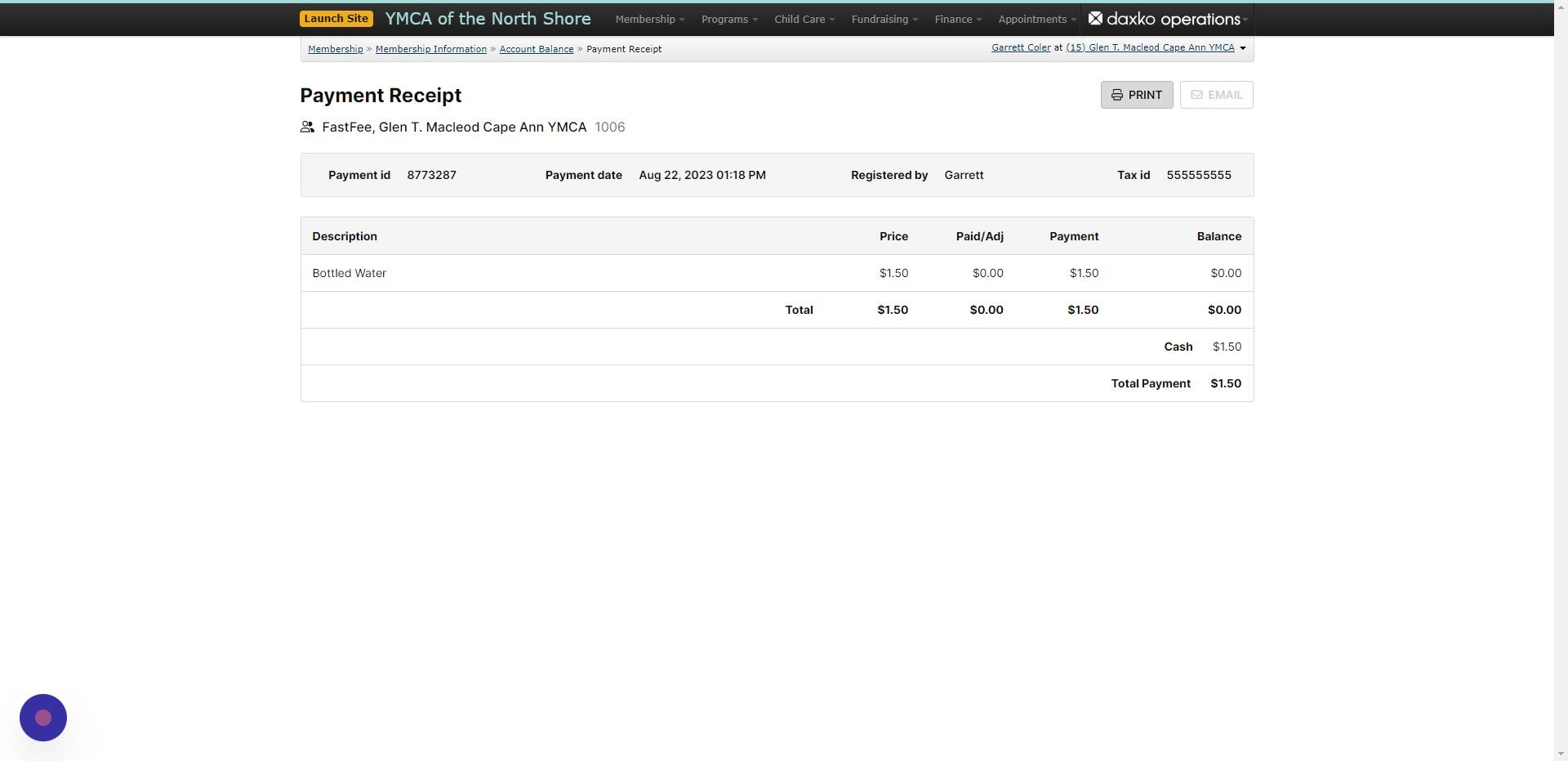 Screenshot of: Print the receipt for the member because the fast fee receipts cannot be accessed later.
