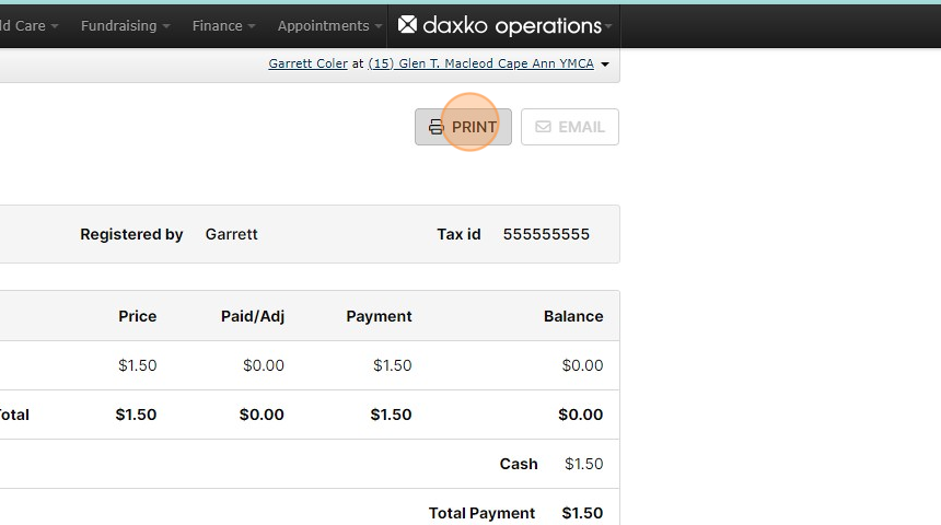 Screenshot of: Print the receipt for the member because the fast fee receipts cannot be accessed later.