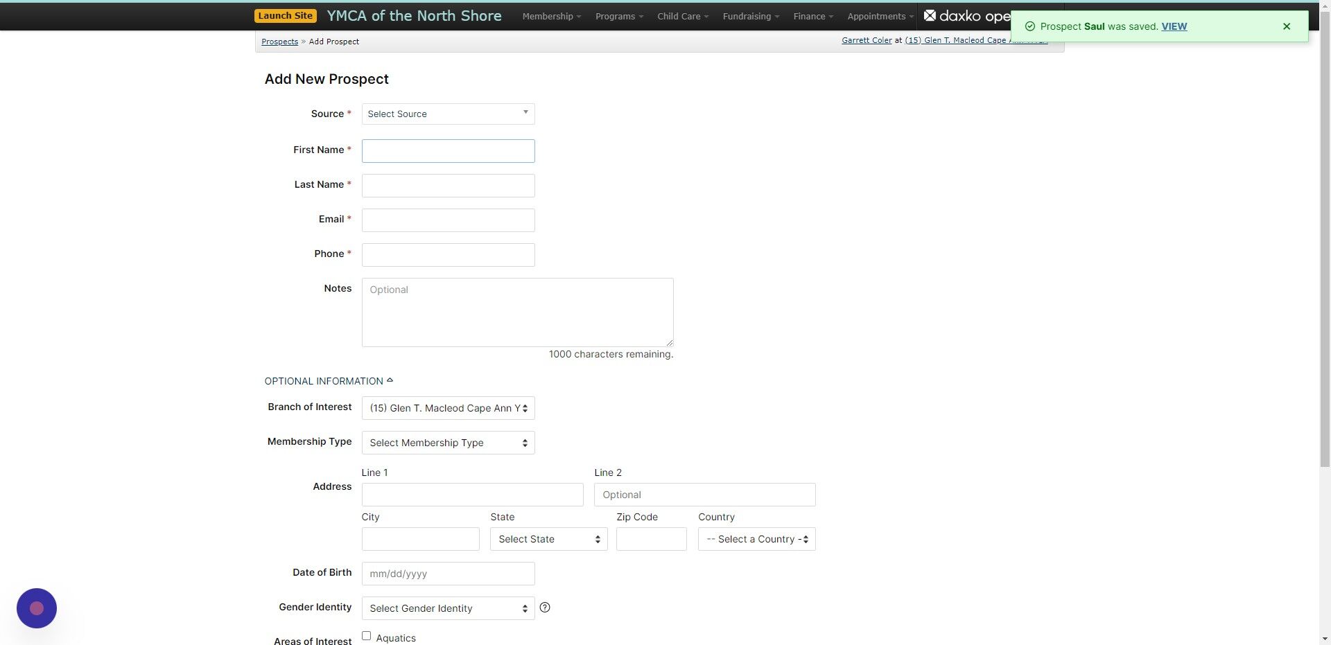 Screenshot of: From here you can add another prospect or view the prospect page you just added by clicking 
