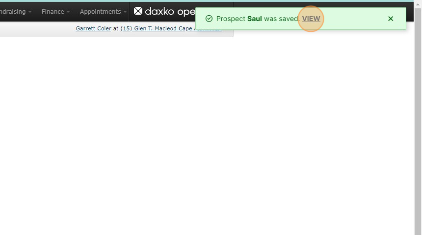 Screenshot of: From here you can add another prospect or view the prospect page you just added by clicking 